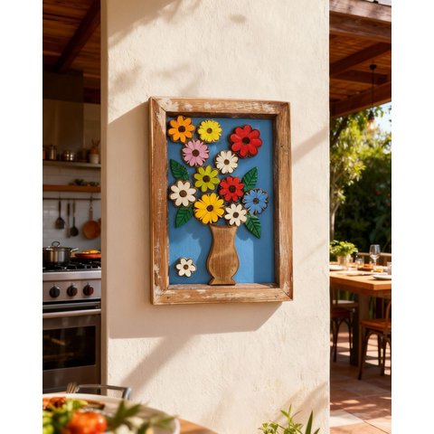 Quadro Rústico Flores de Madeira Artesanal Azul