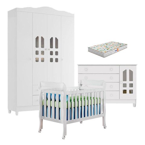 Quarto de Bebê New Selena 4 Portas com Berço Lila e Cômoda Gran Selena Branco Brilho e Colchão Gazin
