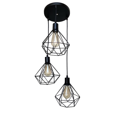 Trio Aramado Diamante Pequeno Poptem Canopla Múltipla Redonda Preto Luminária Metal Lustre 19Cm Sala