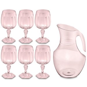 Conjunto Jarra 2,1l e 6 Taças 350ml Plástico Jogo de Refresco Valsa Rosa Translúcido Uz