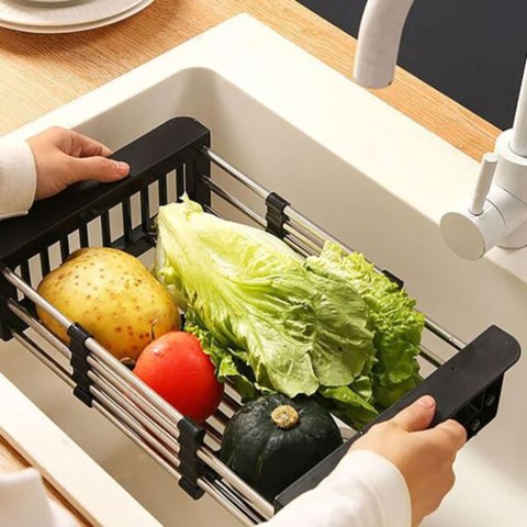 Escorredor Ajustável Pia e Alça Apoio Aço Inox Retrátil 48cm