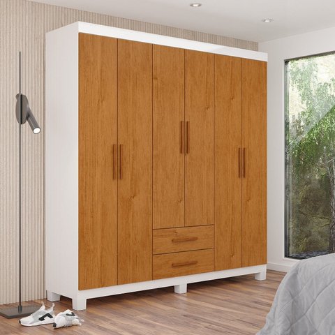 Guarda-Roupa 6 Portas 2 Gavetas com Pés Aurora Marrom/Branco/Cinamomo