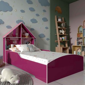 Cama Infantil Proteção Lateral e Cabeceira Casinha Rosa - Rede Móveis