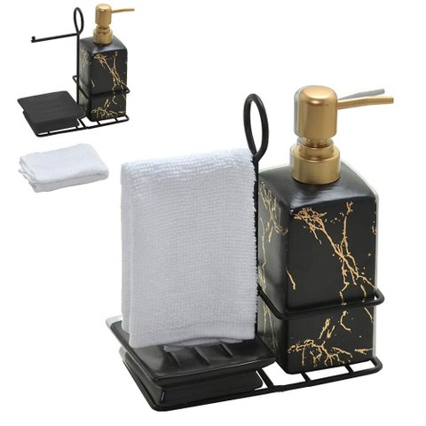 Kit 3 Peças Para Banheiro de Cerâmica Preto com Toalha PARIS LUZ