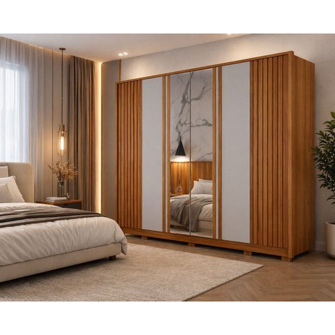 Guarda Roupa Grande Mdf Ripado Espelho 6 Portas Premium Arbo