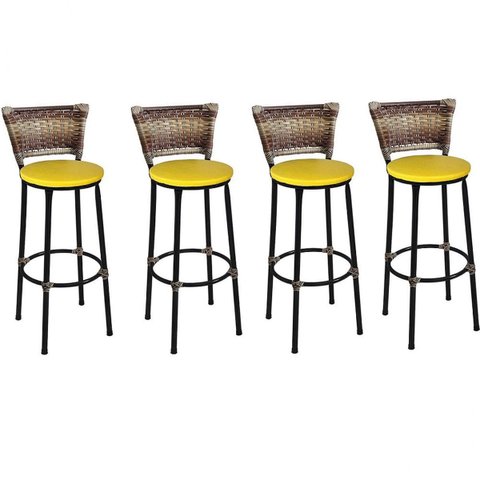 Kit 4 Banquetas Altas Preta com Encosto Junco Capuccino Assento Amarelo