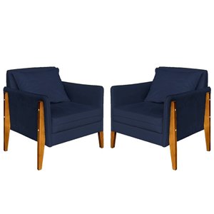 Kit 2 Poltronas Decorativa Sophia Suede Azul Marinho Pés Madeira Mz Decor