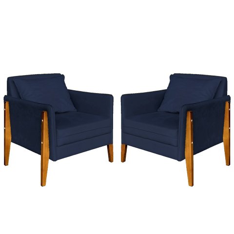 Kit 2 Poltronas Decorativa Sophia Suede Azul Marinho Pés Madeira Mz Decor
