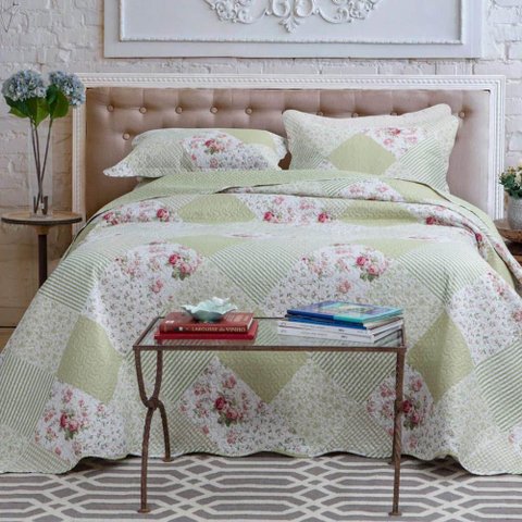 Kit Cobre Leito Colcha Daily Queen 3 Peças Dupla Face Estampado Floral Patchwork Verde 8 100% Poli