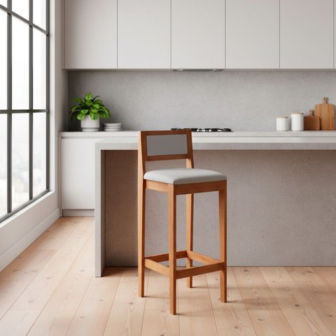 Kit 6 Banquetas Assento Encosto Estofado em Linho Hellen:mel com Linho Prata