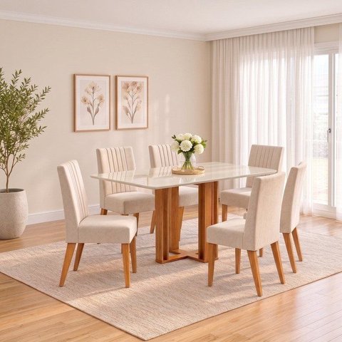 Conjunto Sala de Jantar Mesa Manu 160cm Tampo MDF e Vidro Canto Arredondado 6 Cadeiras Lily