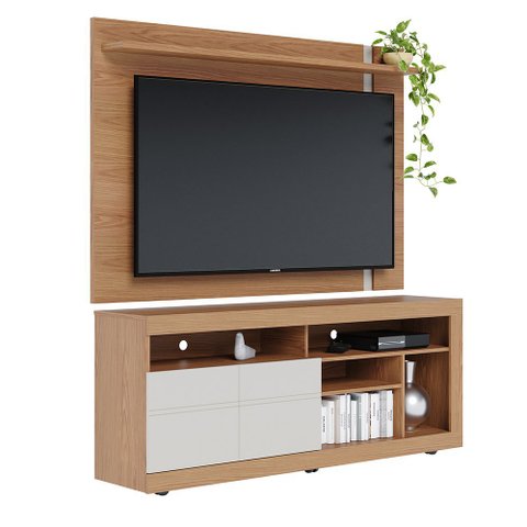 Conjunto Painel de Tv Brusque + Bancada Rack Gramado para Sala de Estar Tv até 70" Freijó/ Off White