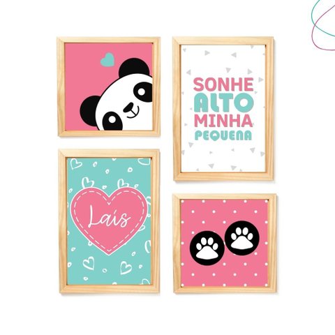 Quadros Infantis Decorativos Panda Rosa e Verde com Moldura:pinus