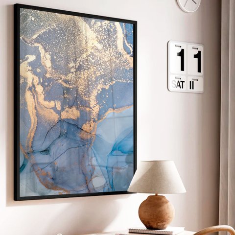 Quadro Decorativo Abstrato Mármore Azul Perolado em Moldura Caixa Tacolado Moldura Trad 1cm Branca C