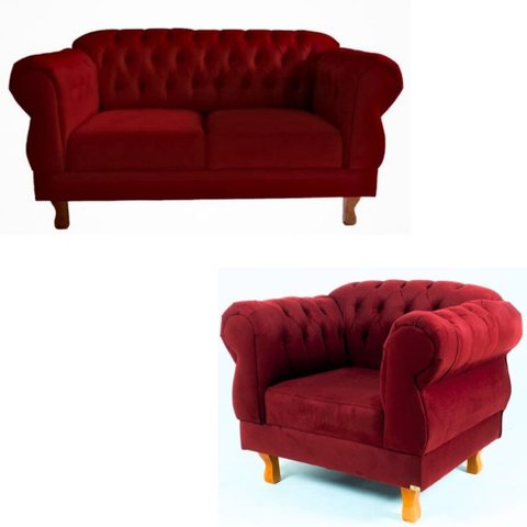 Uma Namoradeira 2 Lugares Elisabeth Capitonê + Uma Poltrona Eisabeth Suede Vermelho Chesterfield Par
