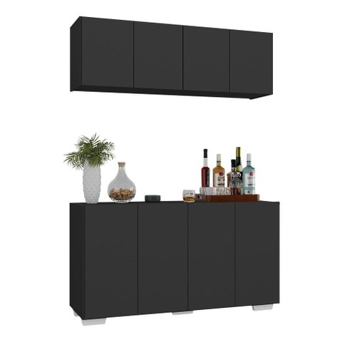 Kit Bar Armário Aéreo e Aparador 4 Portas Multimóveis Mp1087 Preto/branco