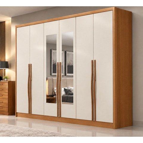 Guarda-Roupa Casal 6 Portas 6 Gavetas com Espelho 100% MDF Reno 276x236cm Marrom/Cinamomo com Fendi