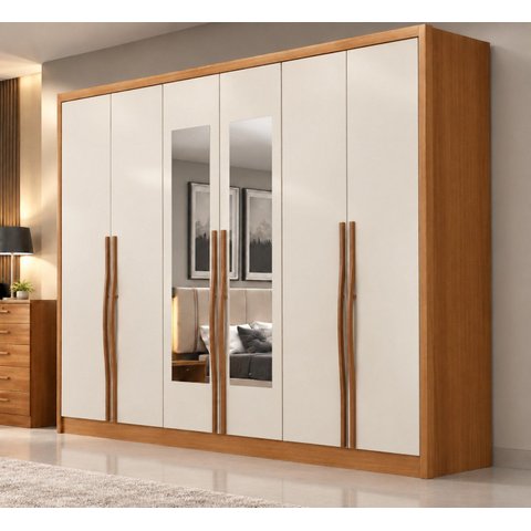 Guarda-Roupa Casal 6 Portas 6 Gavetas com Espelho 100% MDF Reno 276x236cm Marrom/Cinamomo com Fendi