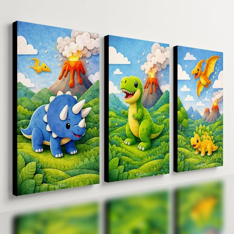 Kit 3 Quadro Decorativo Dinossauros Infantil Criança Bebê Meninos Moderno 28x20cm