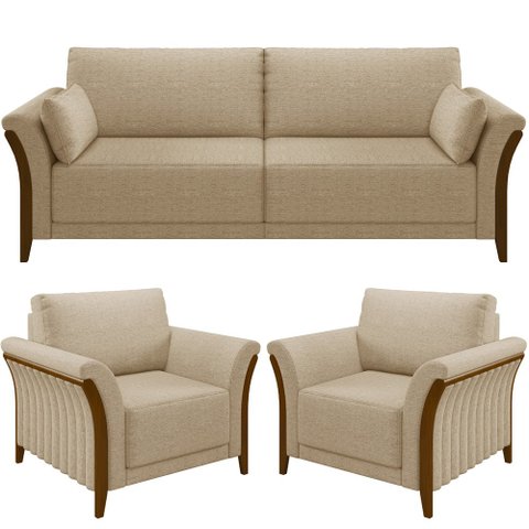 Kit Sofá 02 Lugares 162cm com 02 Poltronas Stefan Pés Madeira M03 Linho Bege Escuro - Lyam Decor