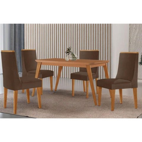 Conjunto: Mesa de Cozinha Havana Tampo Curvo 120cm+4 Cadeiras Dakota Madeira Naturale - Capuccino/