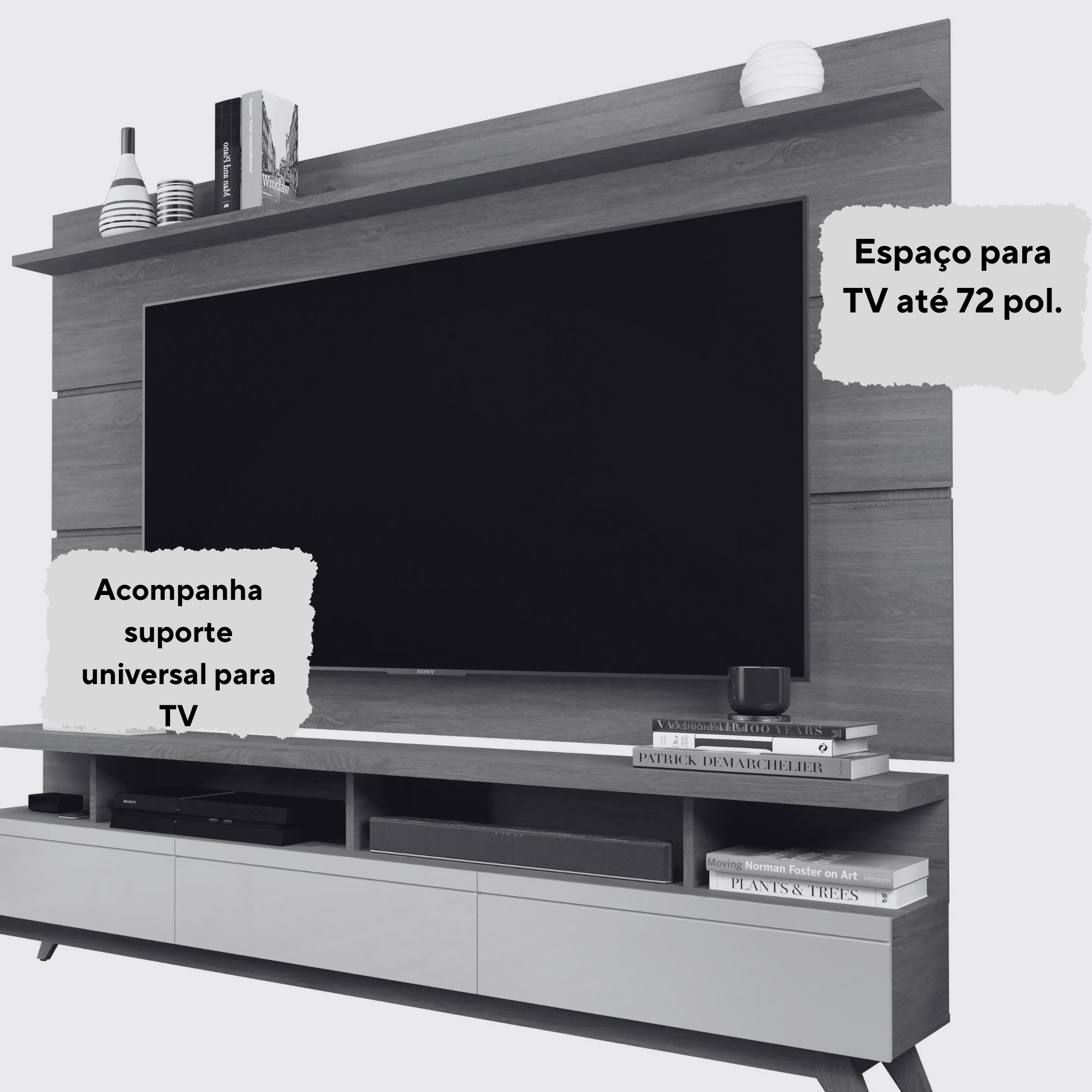 Rack com Painel Sala Estar Vivare Wood 1.8 Tv 72 3 Gavetas:Off White/Nature - 3