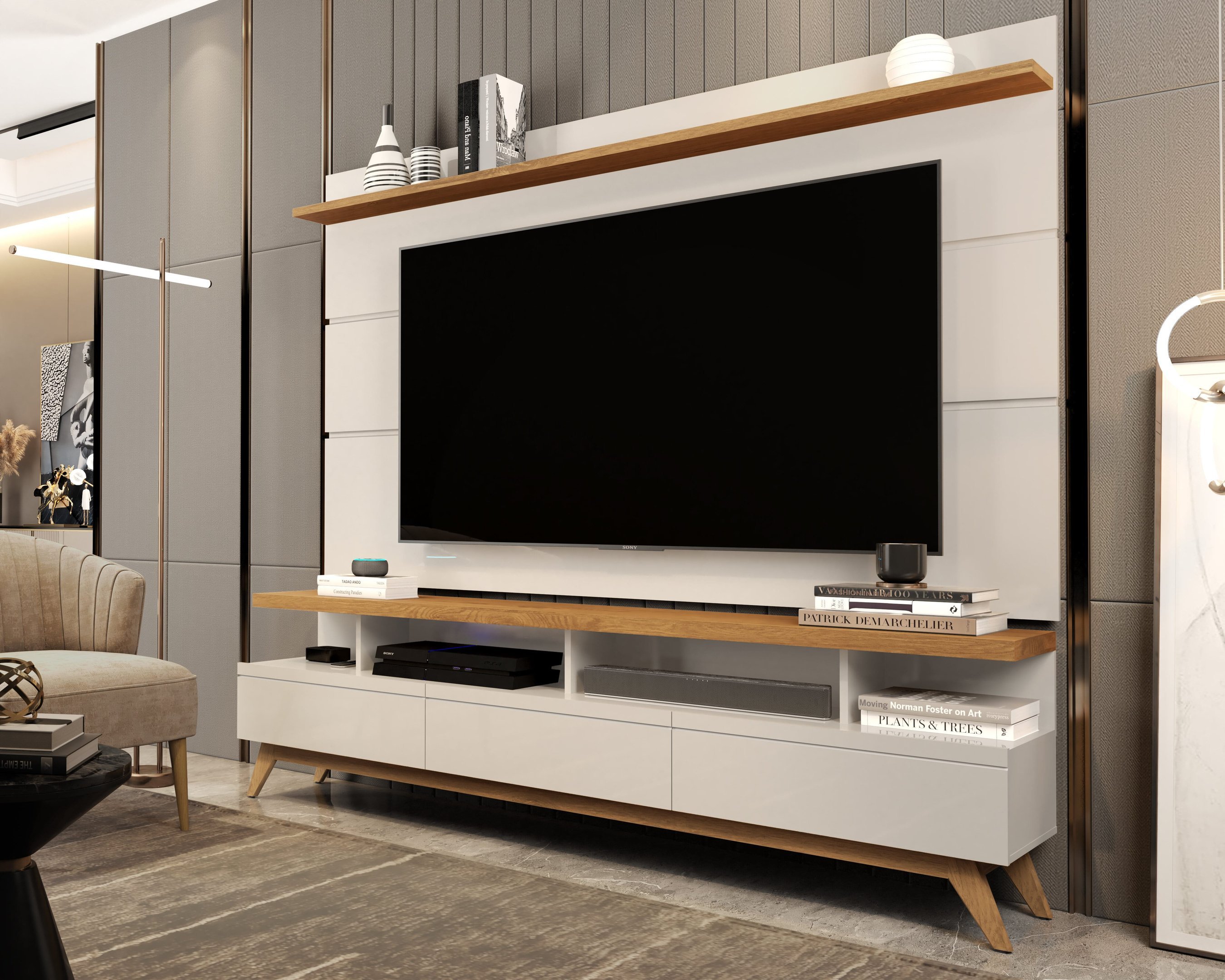 Rack com Painel Sala Estar Vivare Wood 1.8 Tv 72 3 Gavetas:Off White/Nature - 2