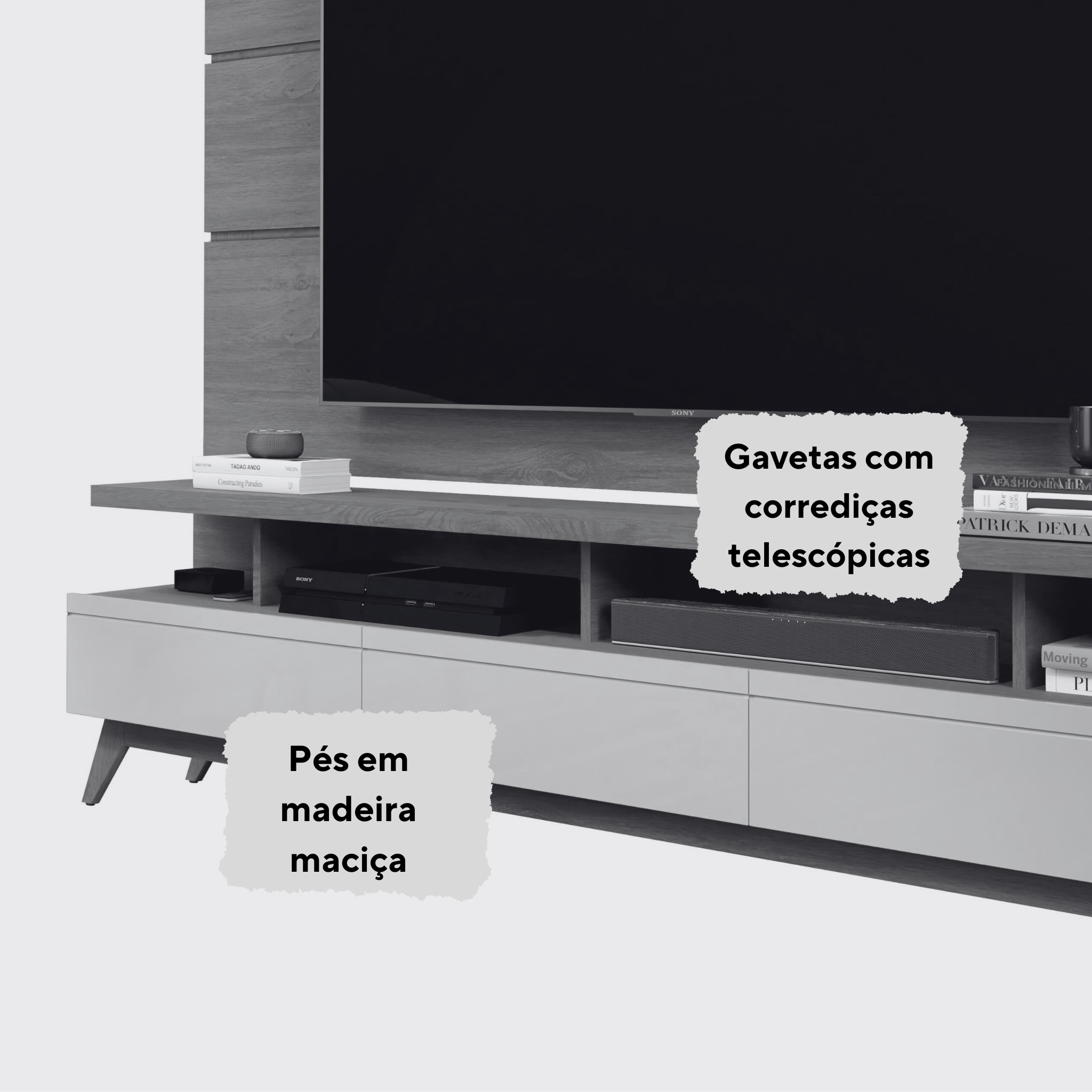 Rack com Painel Sala Estar Vivare Wood 1.8 Tv 72 3 Gavetas:Off White/Nature - 4