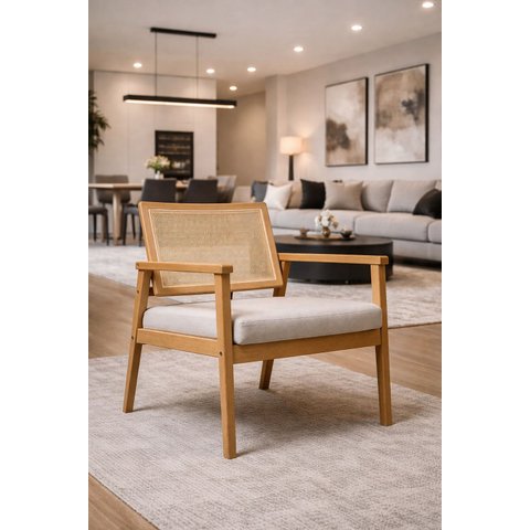 Poltrona Tela Areia Madeira Maciça em Linho - B Gaspari