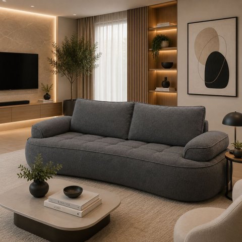 Sofá Yafa 190cm 2 Lugares Moderno Sala Consultório:Cinza Escuro/Bouclé