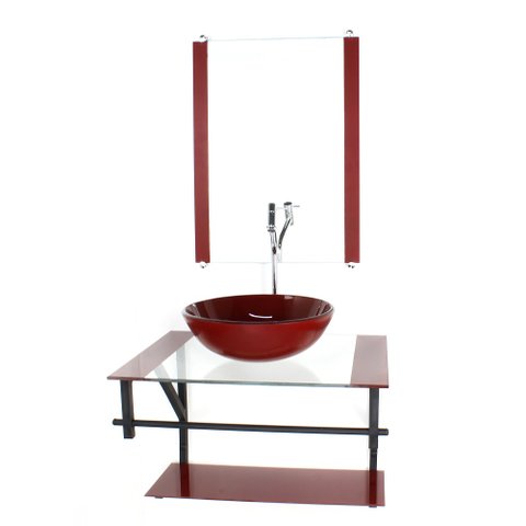 GABINETE DE VIDRO PARA BANHEIRO 60CM AP CUBA REDONDA VERMELHO CEREJA COM TORNEIRA CROMADA