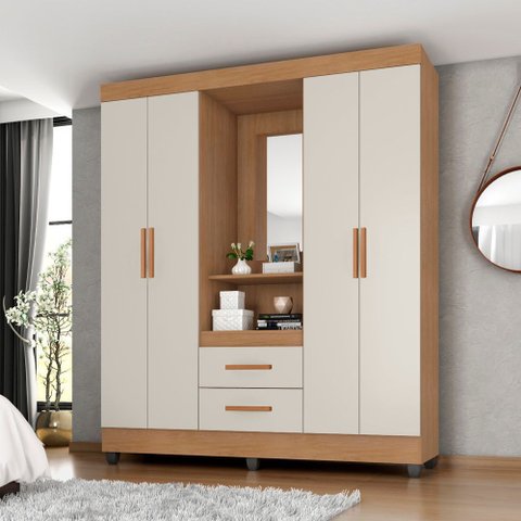 Roupeiro Capela Lite 30460 4 Portas Nicho Penteadeira com Espelho - Nature/off White