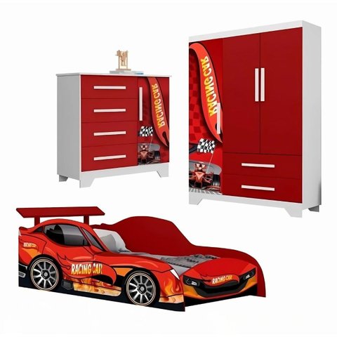 Quarto Meninos Infantil Completo Cama Guarda Roupas Cômoda:Vermelho