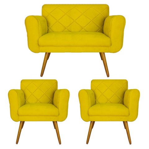 Conjunto Namoradeira e 2 Poltrona Isabella Sala de Estar Suede Amarelo - LM DECOR