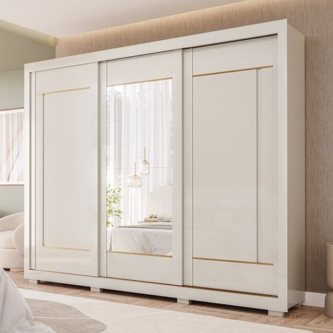 Guarda-Roupa Casal 3 Portas de Correr com Pés e Espelhos 269cm 100% MDF Olinda Espresso Móveis Bege/Off White