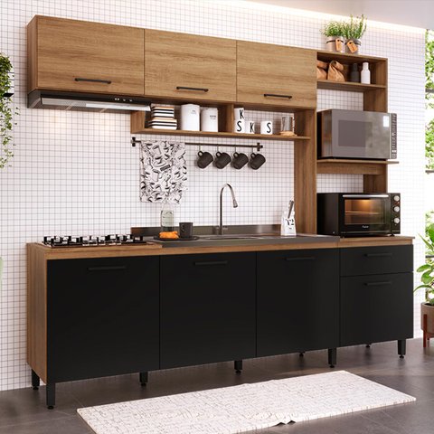 Cozinha Compacta Pequena Antonela 245 Cm Armário Aéreo Balcão Pia Nicho MDP Mel Preto - ClickLar
