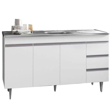Gabinete Balcão Emma 1.50m 3 Portas 3 Gavetas S/ Tampo Cozinha Branco