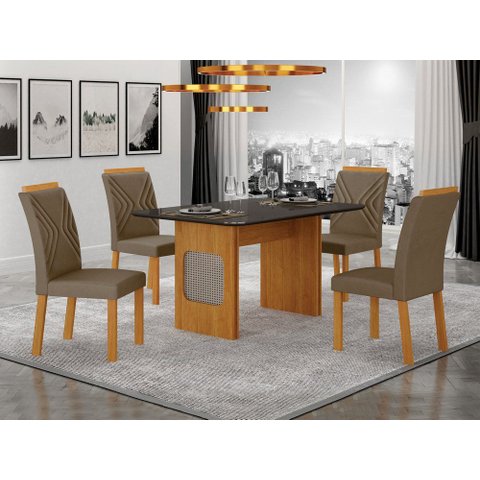 Conjunto Sala de Jantar Lara 1,20m Tampo Vidro Chumbo com 4 Cadeiras Clara Plus Cinamomo/Joli Camurç