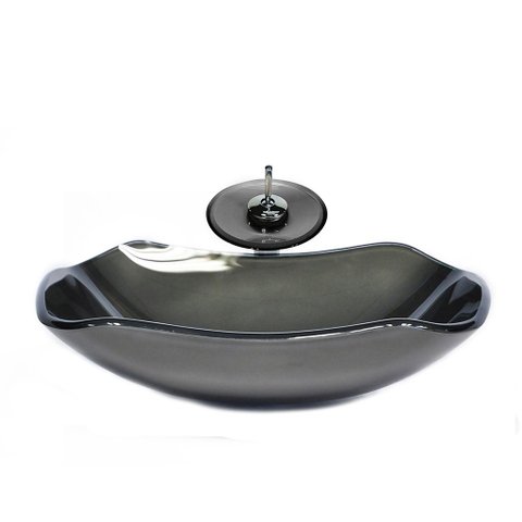 CUBA DE VIDRO ABAULADA 45CM GRAFITE + VALVULA + TORNEIRA CASCATA
