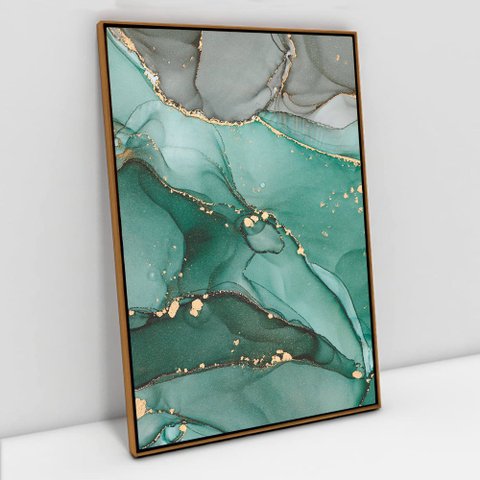 Quadro Decorativo em Canvas Abstrato Mármore Verde e Cinza TaColado Moldura Flutuante 4,5cm Freijó 9