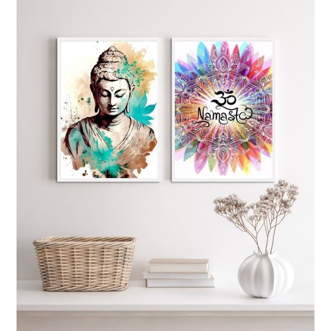 Kit 2 Quadros Buda Namastê- Aquarela 33x24cm:madeira Branca