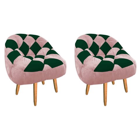 Kit 02 Poltrona Paloma Escritório Sala Pé Palito Suede Rosa Bebê e Suede Verde - Dominic Decor