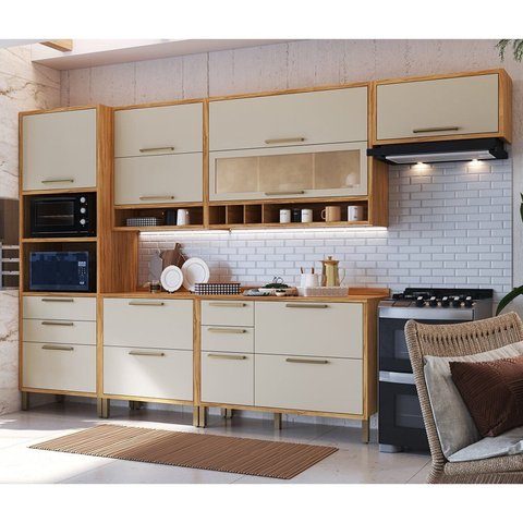 Cozinha Completa Modulada 100% MDF 6 Peças 10 Portas 6 Gavetas e Vidro 354cm Vicenza Espresso Móveis Bege/Amêndoa/Off White