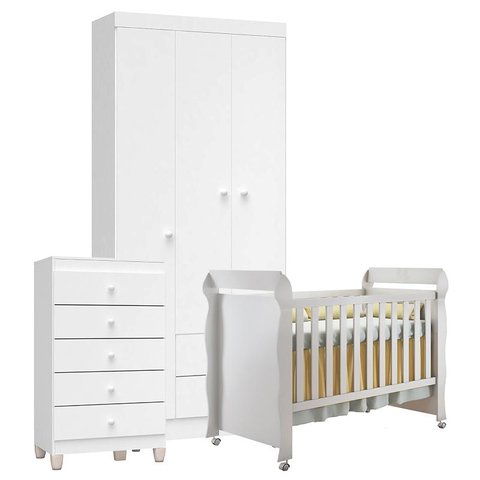 Quarto de Bebê 3 Portas com Gaveteiro Ternura Baby e Berço Mirelle Branco Brilho - Incorplac