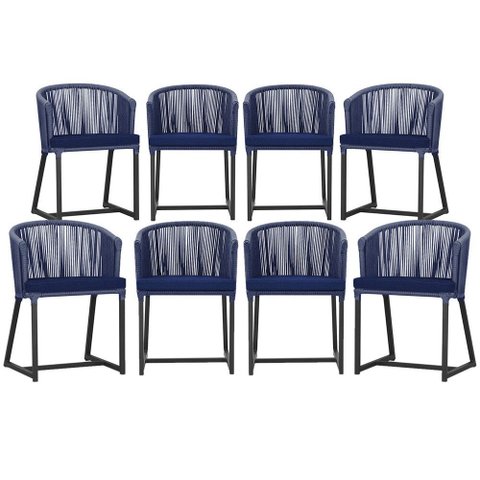 8 Cadeiras de Jantar Área Noronha em Alumínio com Pintura Preta Corda Náutica Estofado 10 Trama Orig