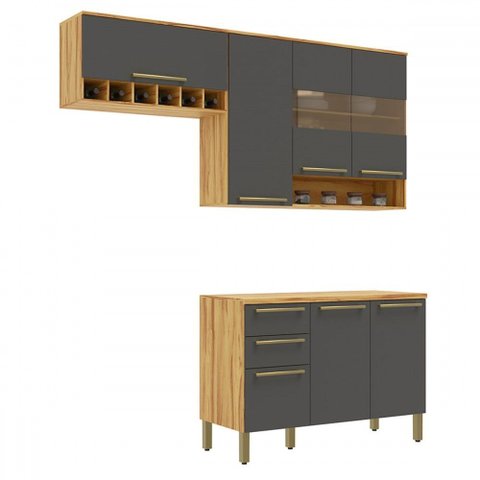 Cozinha Compacta Napoli 7 Portas 2 Gavetas 100% Mdf com Vidro Amêndoa/chumbo - Rio Doce