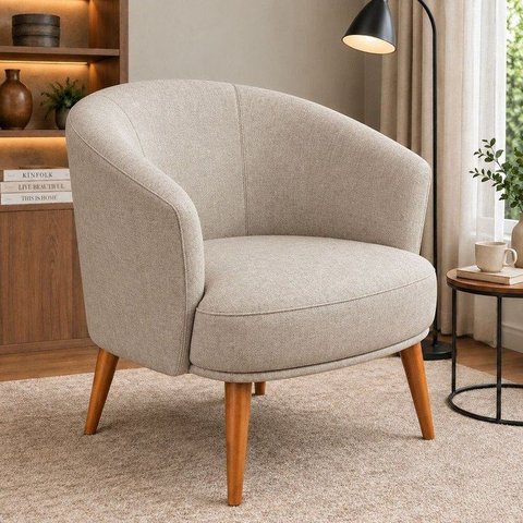 Poltrona Decorativa Linho Premium Base Madeira Maciça Luiza