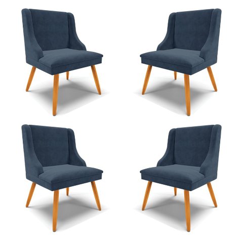 Kit 4 Cadeiras Decorativas Sala de Jantar Pés Palito de Madeira Firenze Suede Azul Marinho/Natural G