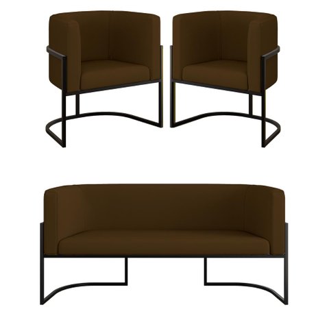 Kit Sofá 2 Lugares + 2 Poltronas Corino para Recepção Preto Cor:marrom