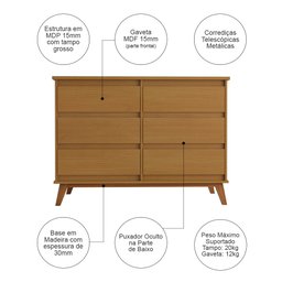 Cômoda para Quarto Londres com 6 Gavetas - Nature - 3 Cômoda para Quarto Londres com 6 Gavetas - Nature - 3